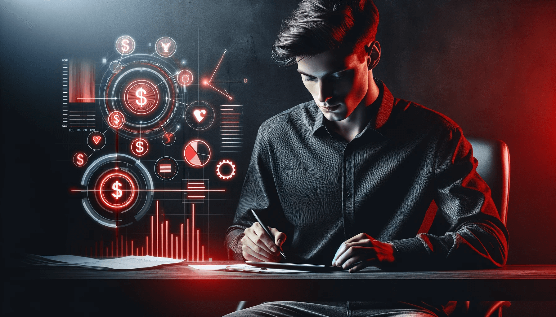 Young man sitting at a desk writing down his budget on a digital tablet.