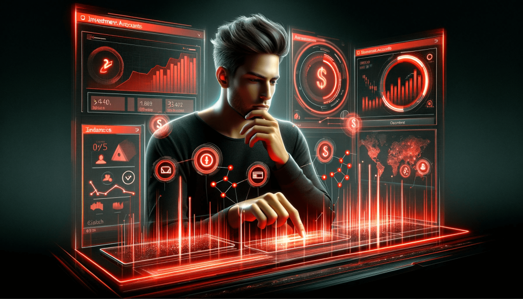Informativ image depicting a handsome young man thoughtfully selecting investment accounts on an interactive dashboard, set against a high-tech, modern financial planning background with a striking contrast of black and red elements.