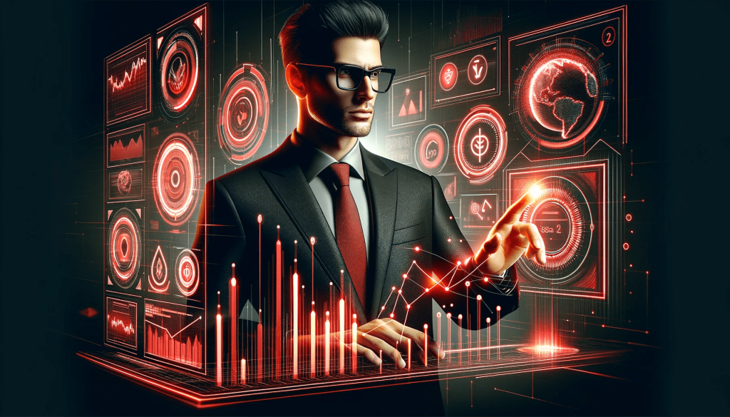 Informative image of a financial advisor in a high-tech setting, encapsulating the integration of traditional wealth management with modern fintech innovations, set against a striking black and red high-tech finance background.






