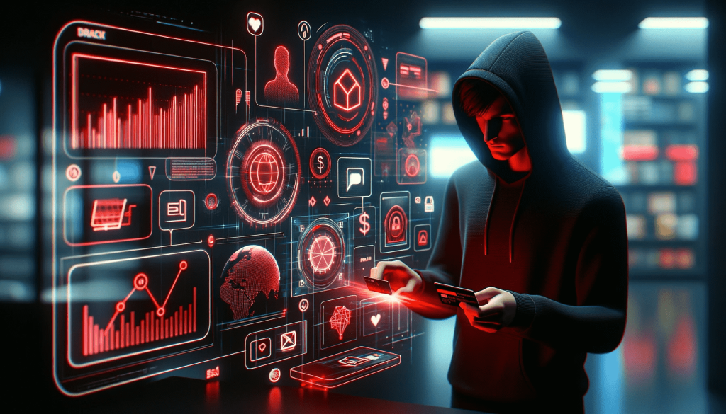 Informative image, showing a young man swiping his credit card at a gaming shop. The scene is rendered in an enhanced stylized 3D Vray tracing style, with financial icons, graphs, and data streams in luminous red against a sleek black interface. The background features a rich matte black with vivid red accents, creating an atmosphere of high-tech finance and innovation. This striking contrast between black and red elements highlights cutting-edge financial engagement, enhancing the fintech experience visually.
