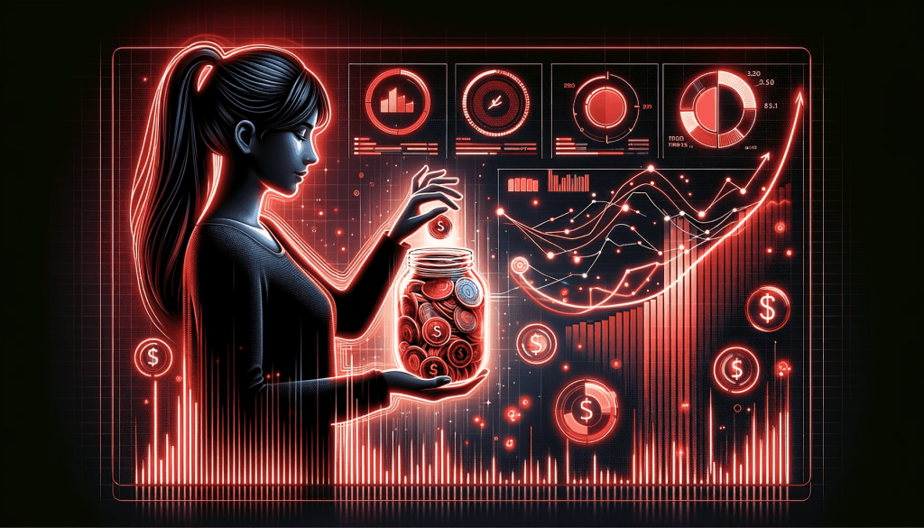 Informative image, featuring a young woman with a savings jar full of money. The scene is rendered in an enhanced stylized 3D Vray tracing style, showcasing financial icons, graphs, and data streams in luminous red against a sleek black interface. The background is a rich matte black with vivid red accents, creating an atmosphere of high-tech finance and innovation. The image captures the essence of cutting-edge financial engagement, characterized by the striking contrast between the black and red elements, enhancing the visual impact of the fintech experience.
